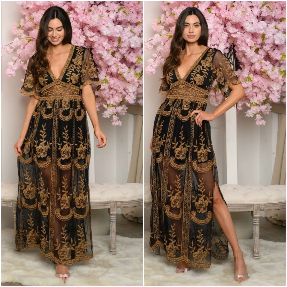 Gold & Black lace & embroidered maxi Dress - Picture 3 of 14